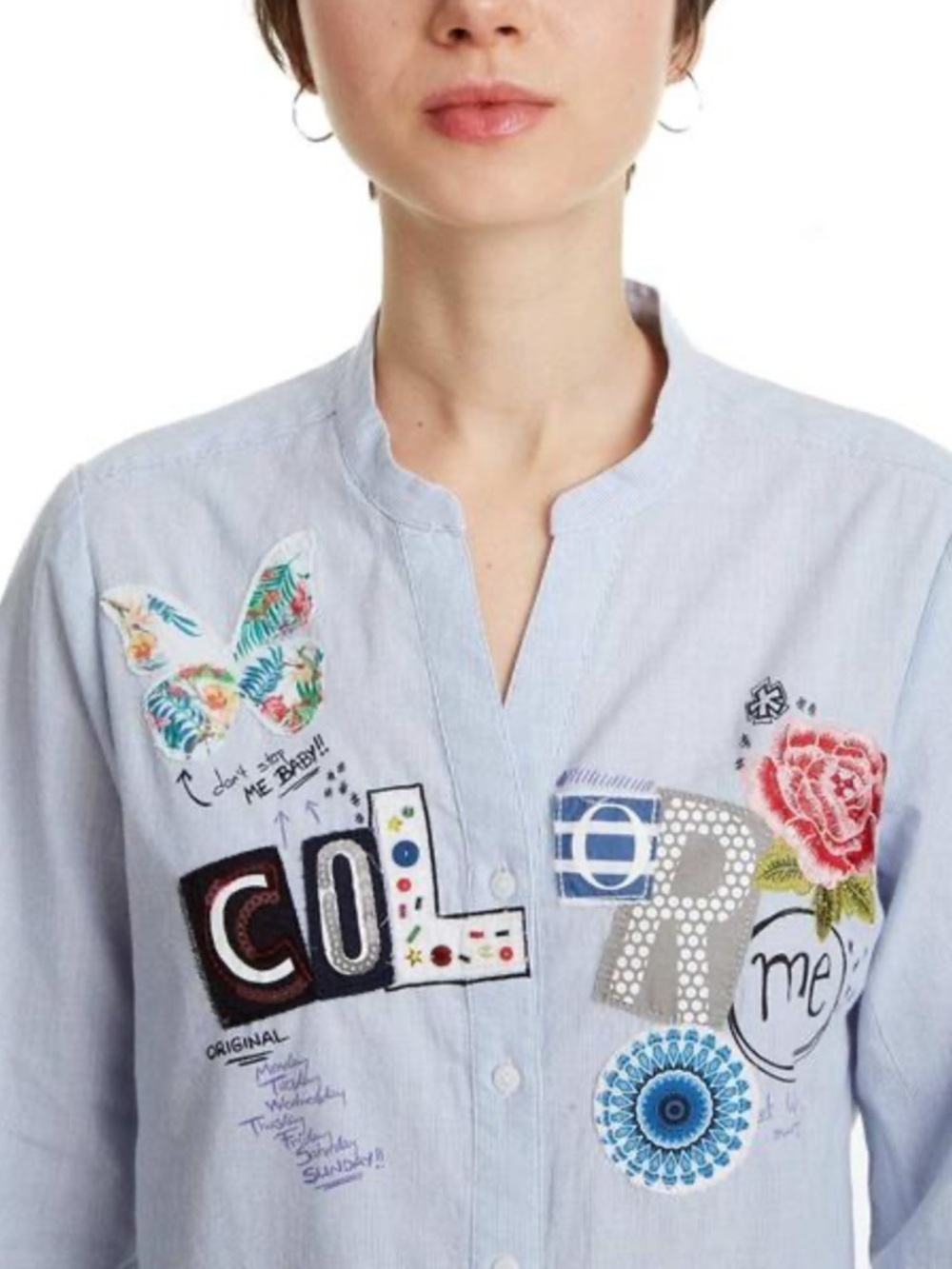 Desigual Light Blue Button-Down Shirt with Multicolor Embroidered Patches Medium